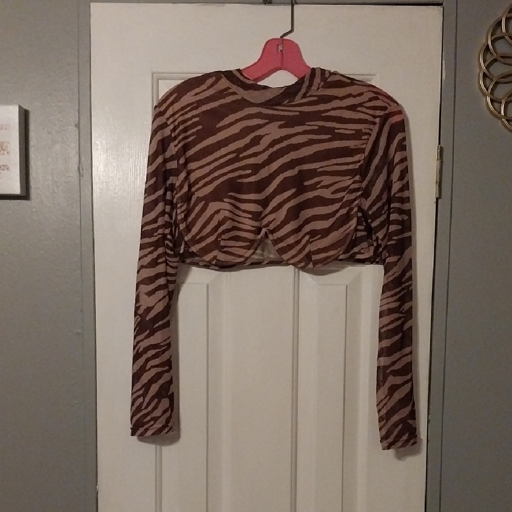 Brown Zebra Print Long Sleeve Crop Top